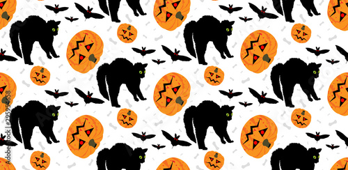 Terrified cat looking at angry pumpkin, funny halloween background for wrapping paper/wallpaper/fashion costume print/ decor etc