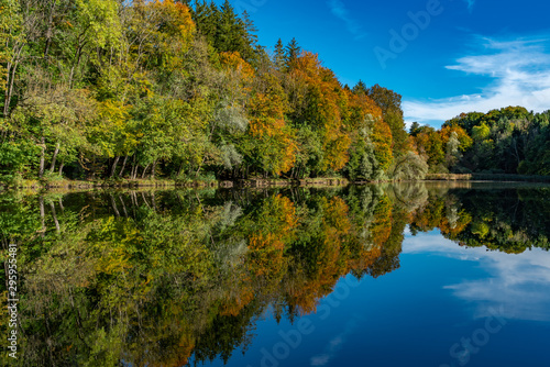 Der Herbstwald spiegelt sich im Wasser eines Weihers