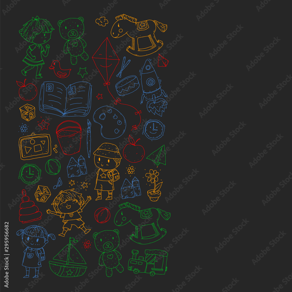 Kindergarten with toys. Pattern for children. Little preschool kids education. Drawing, learning, play Kindergarten with toys. Pattern for children. Little preschool kids education. Drawing, learning, play