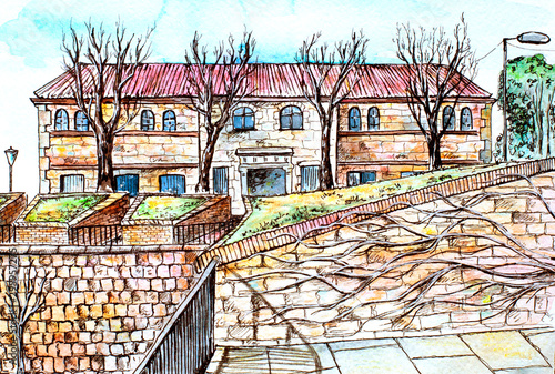 Hand drawn city sketch Barcelona Montjuic. Watercolor and colored pencils illustration
