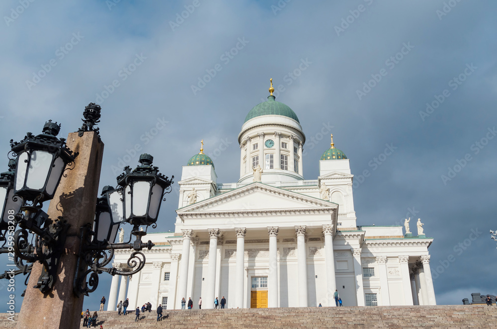 A beautiful church and a street lamp in Helsinki