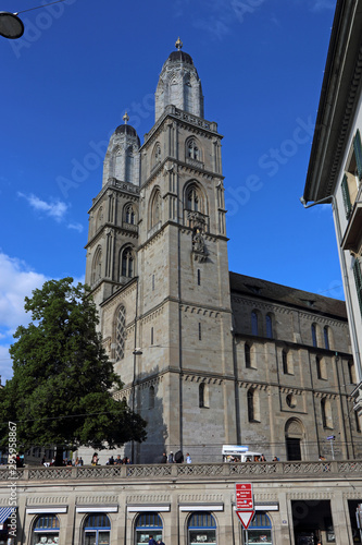The Romanesque-style Grossmunster ("great minster") church, located in Zurich, Switzerland.