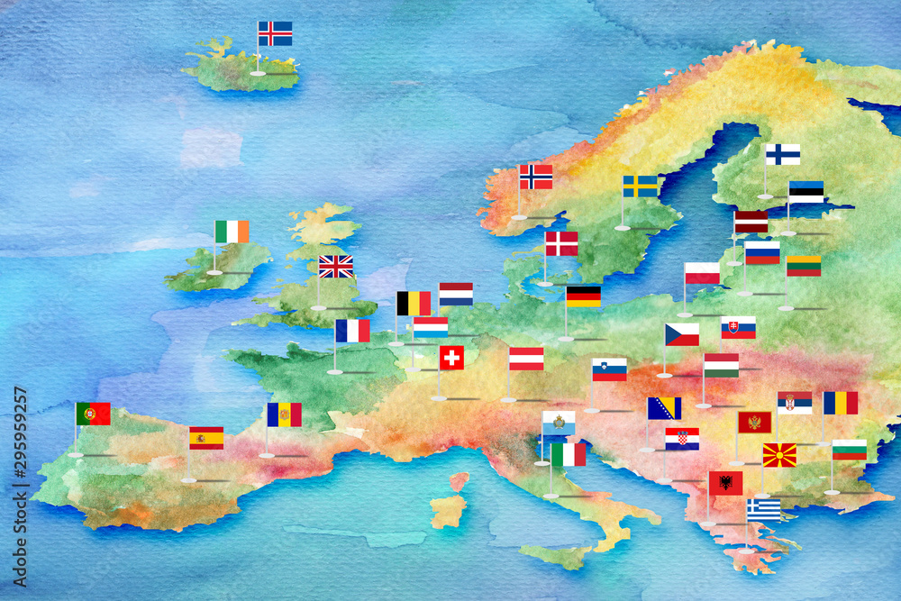 Sketch of the map of Europe painted with watercolor paints with flags of countries - obrazy, fototapety, plakaty 