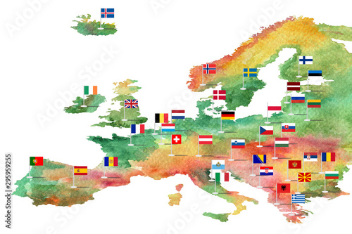 Sketch of the map of Europe painted with watercolor paints with flags of countries