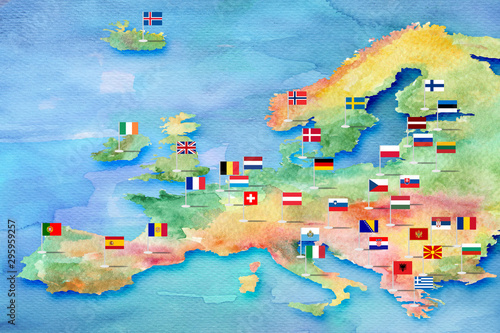 Sketch of the map of Europe painted with watercolor paints with flags of countries