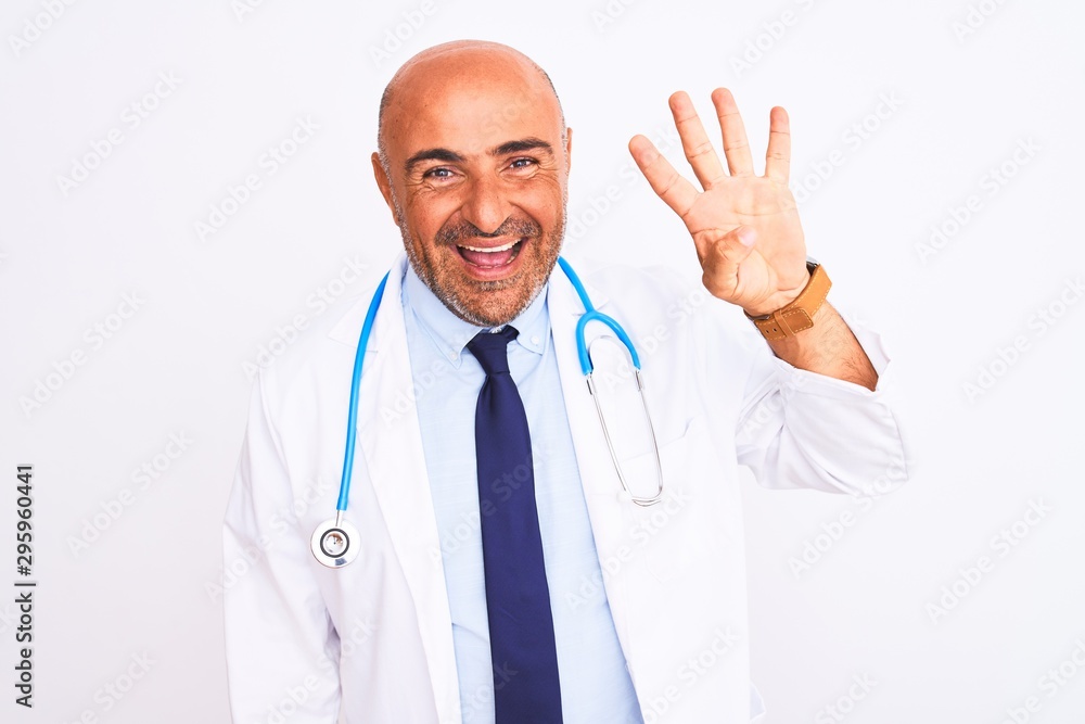 Middle age doctor man wearing stethoscope and tie standing over isolated white background showing and pointing up with fingers number four while smiling confident and happy. Middle age doctor man wearing stethoscope and tie standing over isolated white background showing and pointing up with fingers number four while smiling confident and happy.