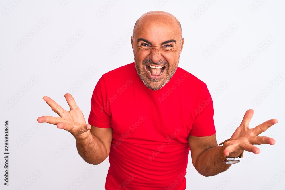 Fototapeta premium Middle age handsome man wearing red casual t-shirt standing over isolated white background celebrating crazy and amazed for success with arms raised and open eyes screaming excited. Winner concept