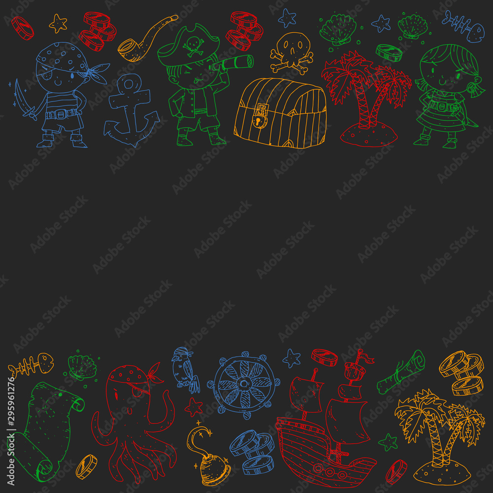 Pirate party. Illustrations for little children. Kids birthday celebration with treasure island, octopus, pirates Pirate party. Illustrations for little children. Kids birthday celebration with treasure island, octopus, pirates