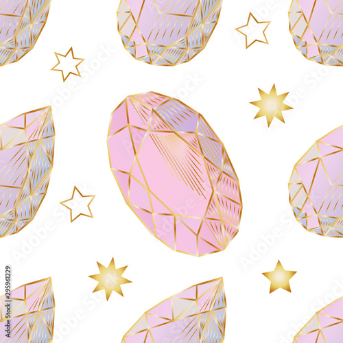 Colorful seamless pattern with hand drawn crystals and gems in pink, lilac tones with gold contour