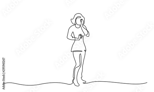 Standing sad woman in despair one line drawing