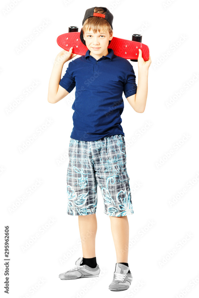 Full length portrait of an adorable teenager with a skateboard isolated on white background
