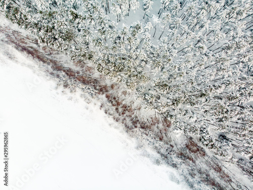 Beautiful aerial view of snow covered pine forests aroung Gela lake. Rime ice and hoar frost covering trees. Scenic landscape near Vilnius, Lithuania. © MNStudio