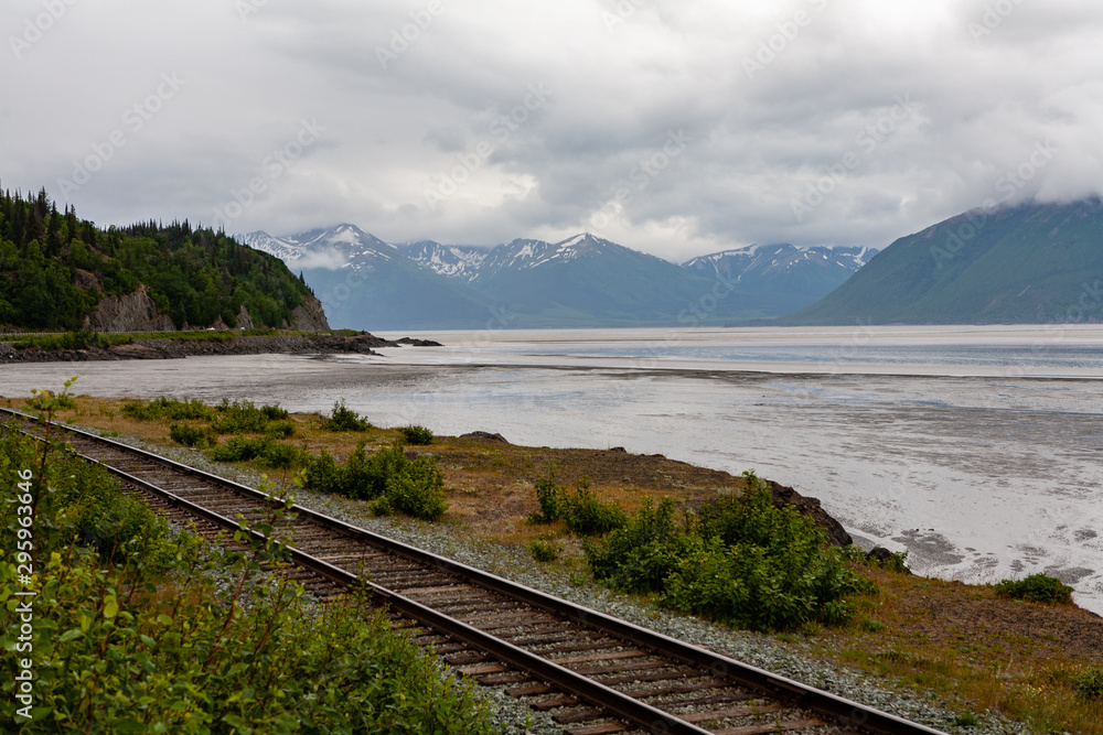 Railroad tracks along the water at Turnagain Arm, Alaska