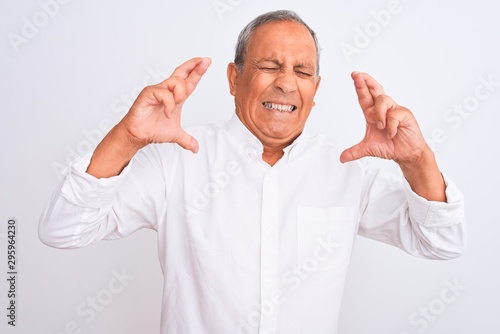 Senior grey-haired man wearing elegant shirt standing over isolated white background gesturing finger crossed smiling with hope and eyes closed. Luck and superstitious concept. © Krakenimages.com