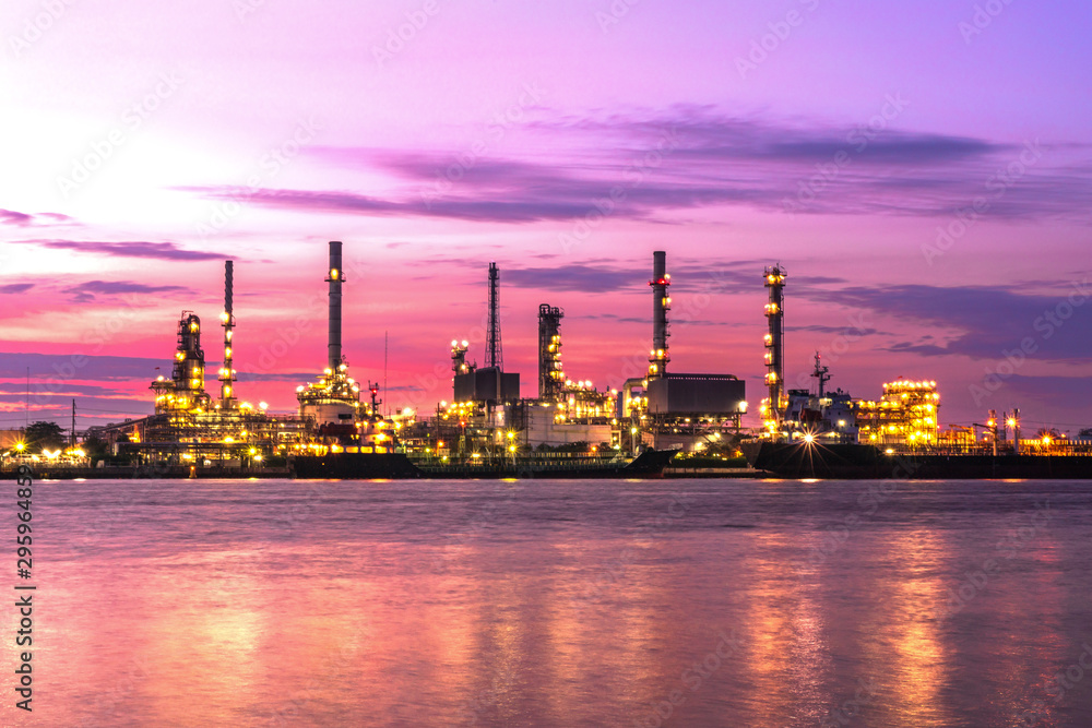 Panorama wide-angle Large oil and gas refinery industrial area and beautiful lighting at Twilight.