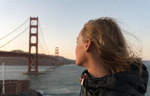 Photography Beautiful Woman Enjoying The Golden Gate Bridge View at Sunset