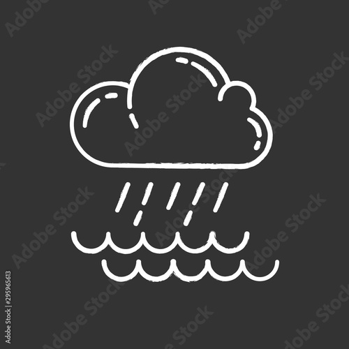 Downpour chalk icon. Cloud, heavy rainfall, incoming water. Rainstorm. Torrential, pouring rain over of water. Meteorological phenomenon. Monsoon season. Isolated vector chalkboard illustration