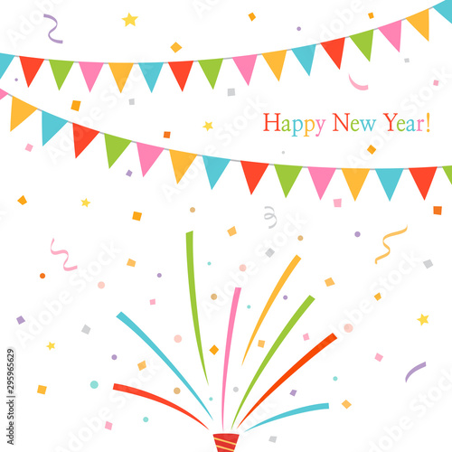 Happy new year.Party flags with party popper