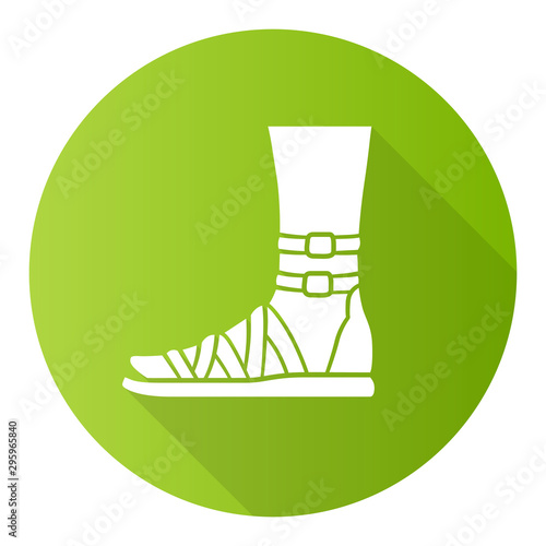 Gladiator sandals green flat design long shadow glyph icon. Woman stylish footwear design. Female casual shoes, modern summer flats with ankle strap side view. Vector silhouette illustration