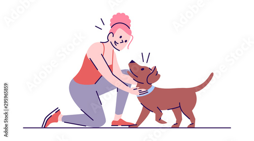 Happy caucasian girl and cheerful puppy flat vector illustration. Play with animal. Young smiling woman and playful dog isolated cartoon character with outline elements on white background