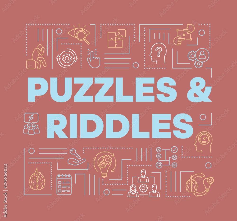 Puzzles and riddles red word concepts banner. Solving problems, mysteries presentation, website