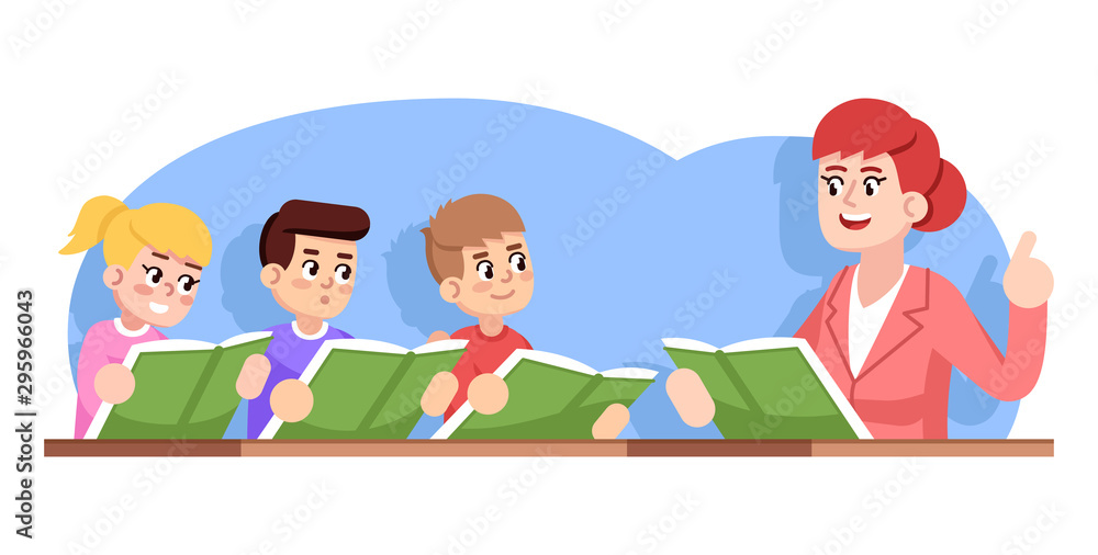 Rehearsal of children choir flat vector illustration. Kids ensemble. Music school performance. Extracurricular activities. Girl and boys ready to sing, teacher conducting cartoon characters