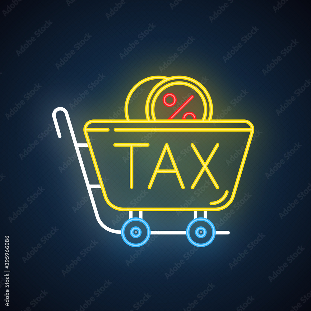 Sales tax ID neon light icon. Price formation. Excise duty. Taxation. Value added tax. Bills payment. Retail sale. Glowing sign with alphabet, numbers and symbols. Vector isolated illustration Sales tax ID neon light icon. Price formation. Excise duty. Taxation. Value added tax. Bills payment. Retail sale. Glowing sign with alphabet, numbers and symbols. Vector isolated illustration
