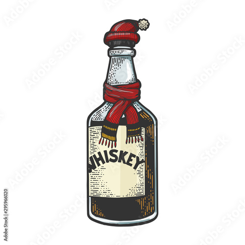 Whisky whiskey bottle in hat and scarf sketch engraving vector illustration. T-shirt apparel print design. Scratch board style imitation. Black and white hand drawn image.