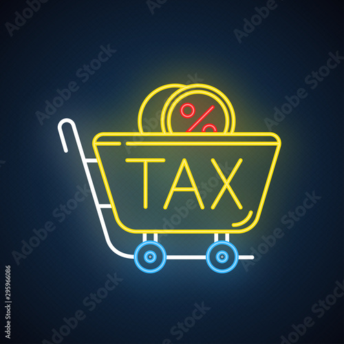 Sales tax ID neon light icon. Price formation. Excise duty. Taxation. Value added tax. Bills payment. Retail sale. Glowing sign with alphabet, numbers and symbols. Vector isolated illustration