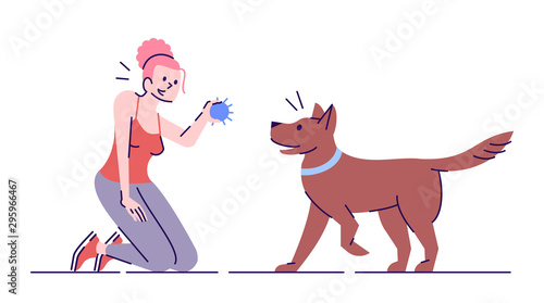 Young woman playing with dog flat vector illustration. Active leisure. Smiling caucasian girl and faithful playful pet isolated cartoon character with outline elements on white background
