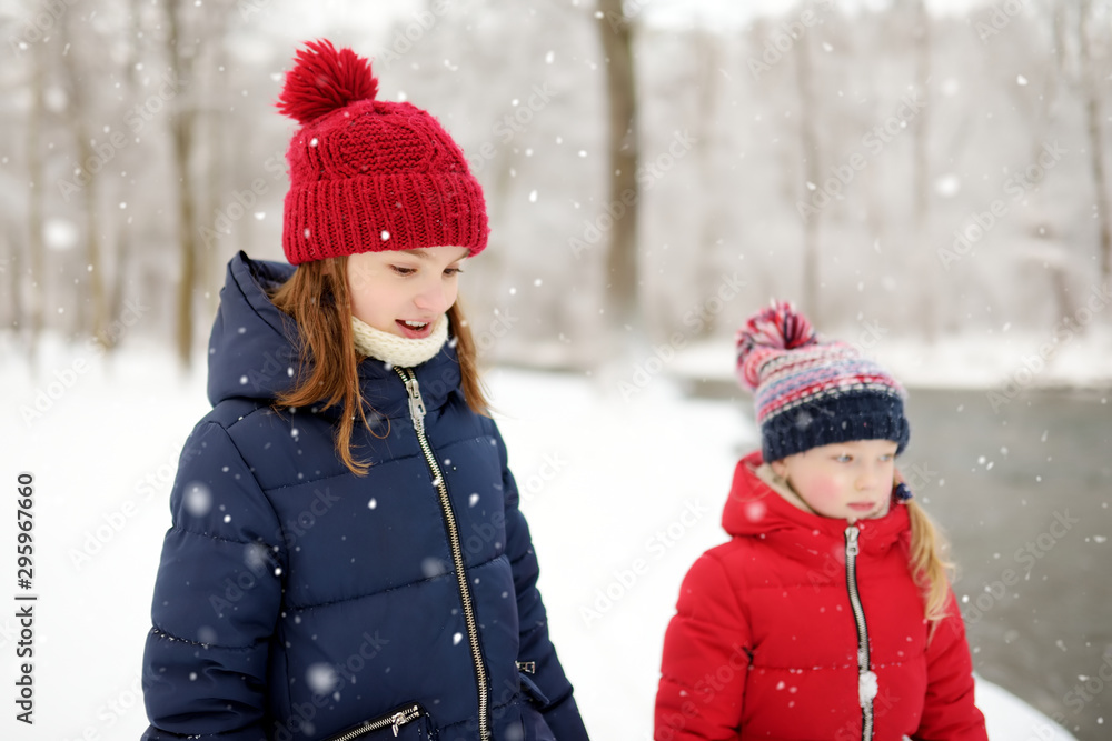 Two adorable young girls having fun together in beautiful winter park. Cute sisters playing in a snow. Winter family activities for kids.