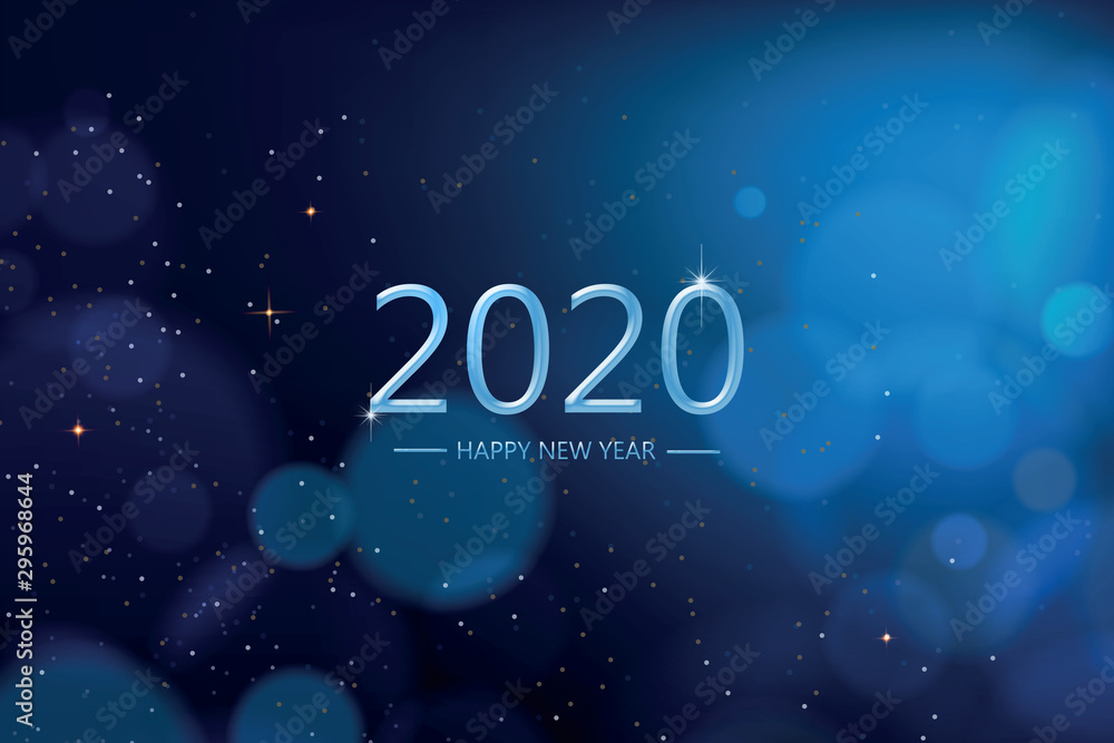 Happy new year 2020 with blue bokeh light sparkling on dark blue  background, Holiday greeting card