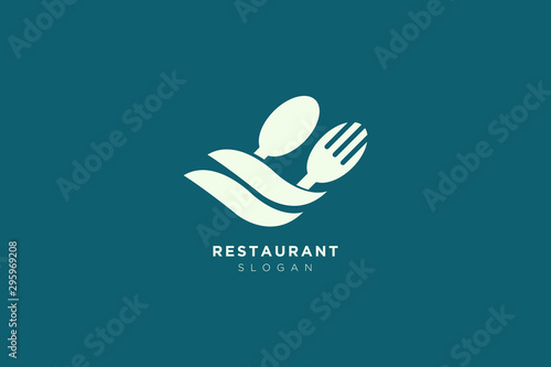 Vector design of a restaurant logo with spoons, leaves and forks. For food, beverage, restaurant product labels
