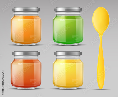 Baby food jars and plastic spoon set, glass puree bottle with cap isolated on grey background mock up design. Blank preserve tube for child nutrition mockup. Realistic 3d vector illustration, clip art