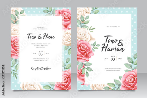 Beautiful wedding card template with beautiful flowers on blue background polkadot