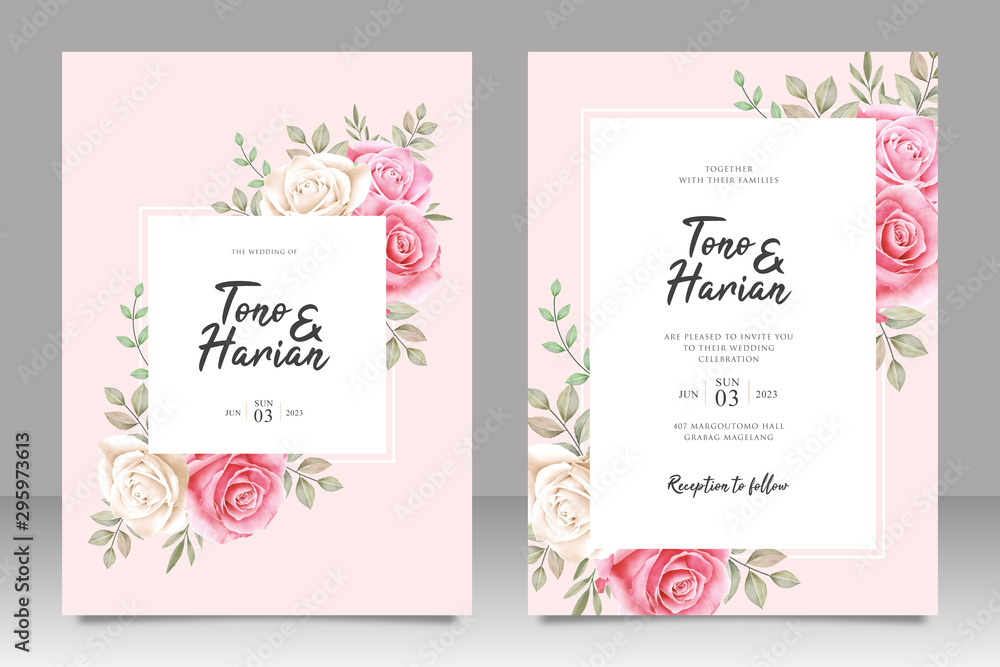 Botanical wedding invitation card template white and pink roses flowers