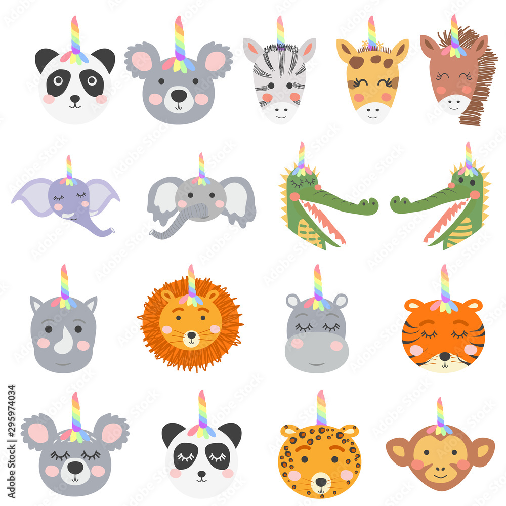 Set of cute funny animals with unicorn horns, Scandinavian style flat design. Concept for children print. Set of cute funny animals with unicorn horns, Scandinavian style flat design. Concept for children print.