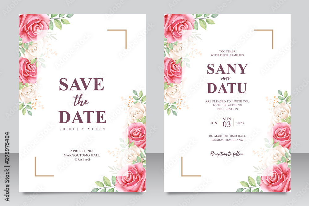 Beautiful wedding invitation card set of red roses and white aquarel