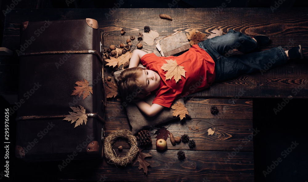 Kid lies laying his hands behind head and resting on wooden floor in golden leaves. Cute little child boy are getting ready for autumn. Little child boy lies on a warm blanket dreams of warm autumn.