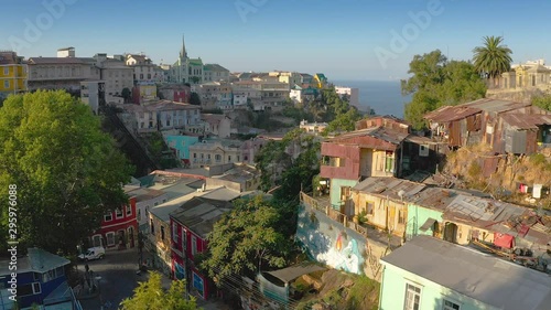 Valparaiso, Quinta Region / Chile - February 15 2019: Aerial view of historical area hill and houses of the city and port at Valparaiso, the biggest port in Chile