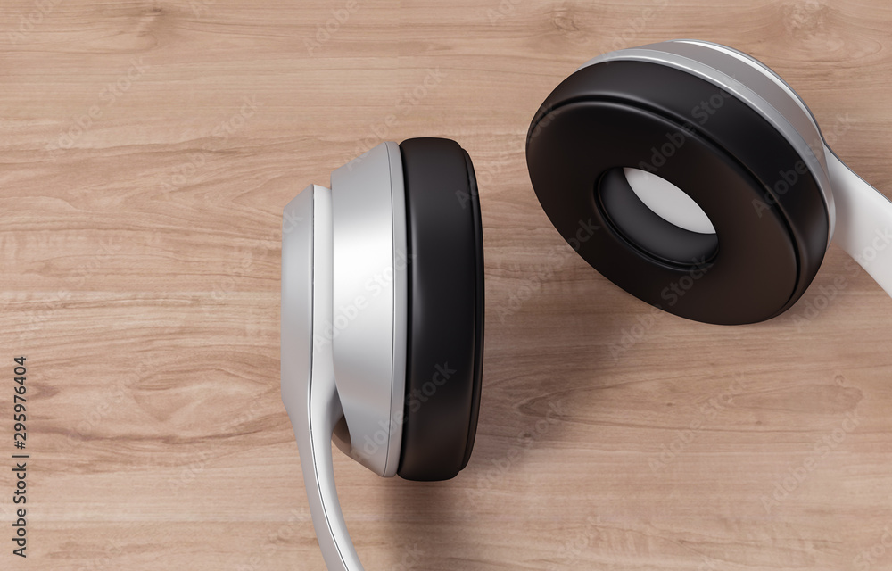 Headphones on wood background, 3d rendering