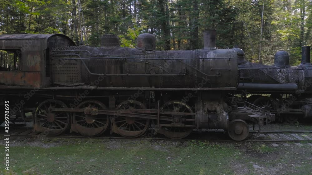 Ascending jib shot of two abandoned steam powered trains within wilderness 4K