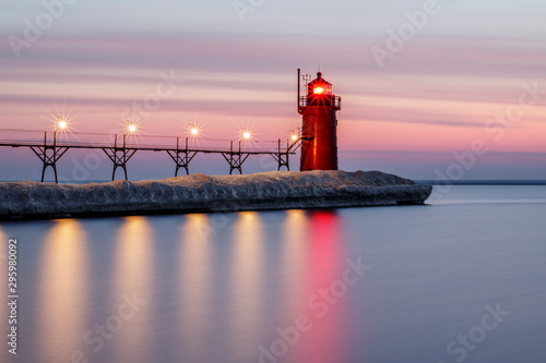 winter lighthouse at sunset