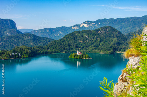 View to the Church on lake Bled island from the Bled castle
