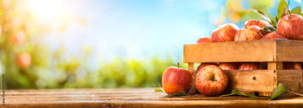 Apples on wooden table - obrazy, fototapety, plakaty 
