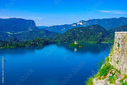 View to the Church on lake Bled island from the Bled castle