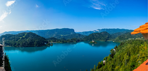 View to the Church on lake Bled island from the Bled castle © MuamerO