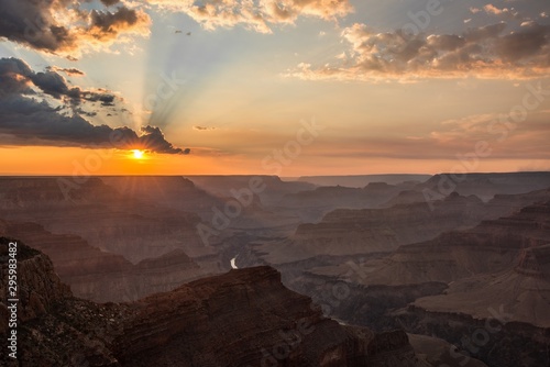 High angle shot of sun rays spreading over the Grand Canyon, USduring sunset