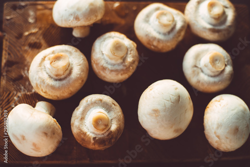 Several champignons on a wooden cutting board close-up top view