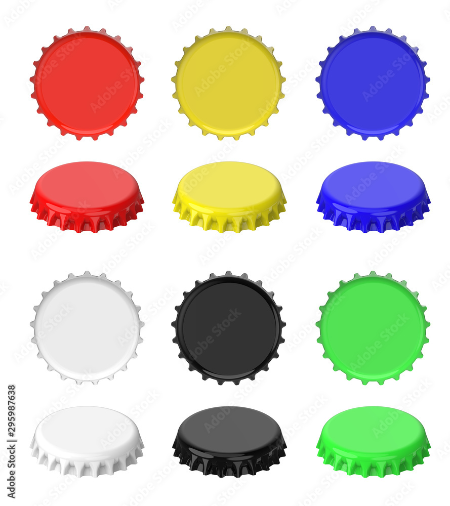 Colorful aluminum bottle cap top, side view on white background Colorful aluminum bottle cap top, side view on white background